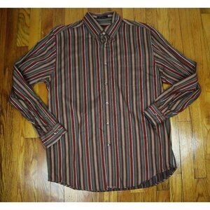 MEN'S BROWN & ORANGE STRIPED LONG SLEEVE DRESS SHIRT - W.H. BELK - SIZE L